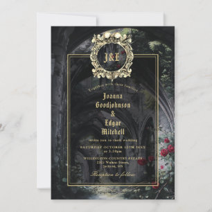 Gothic Ruins Monogram All In One QR Code Wedding Invitation