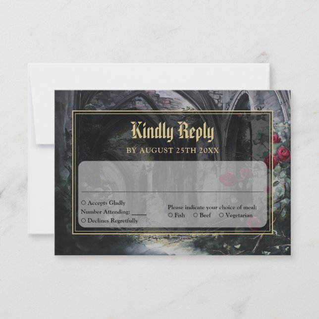 Gothic Ruins Roses Floral Black And Gold Wedding RSVP Card (Front)