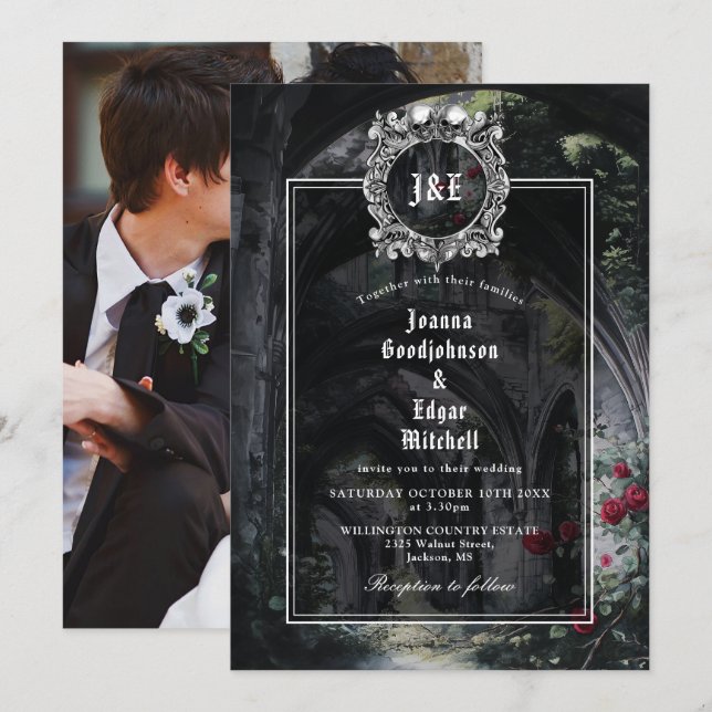 Gothic Ruins Roses Floral Monogram Photo Wedding Invitation (Front/Back)
