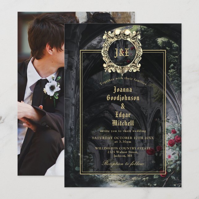 Gothic Ruins Roses Floral Monogram Photo Wedding Invitation (Front/Back)