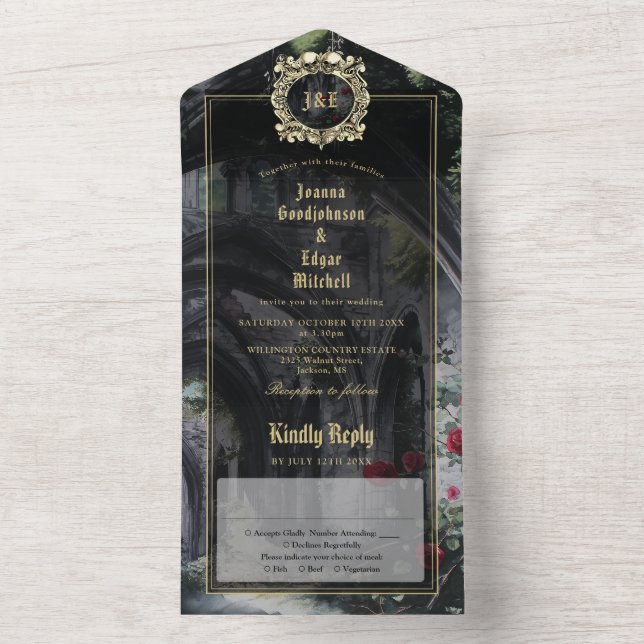 Gothic Ruins Roses Floral Monogram Wedding All In One Invitation (Inside)