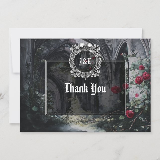 Gothic Ruins Roses Floral Monogram Wedding Thank You Card (Front)