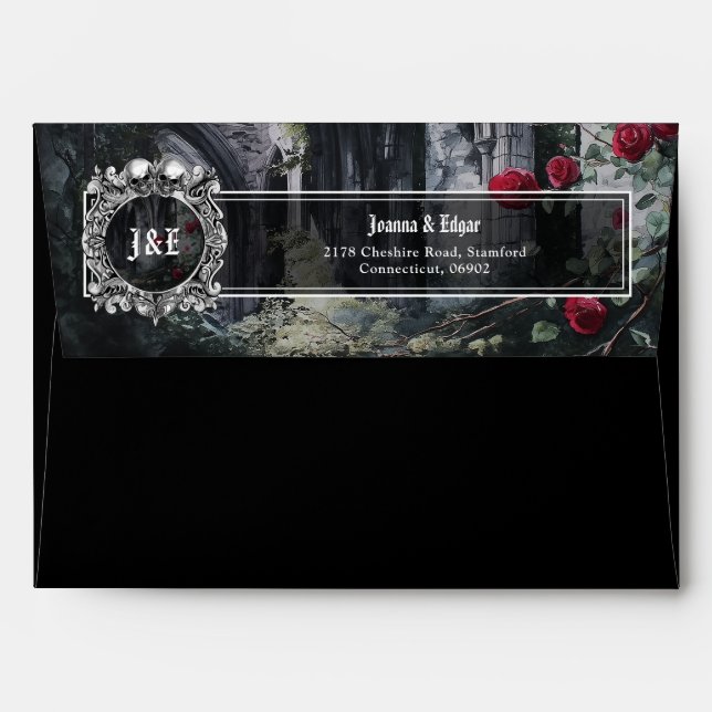 Gothic Ruins Roses Floral Wedding Return Address Envelope (Back (Top Flap))