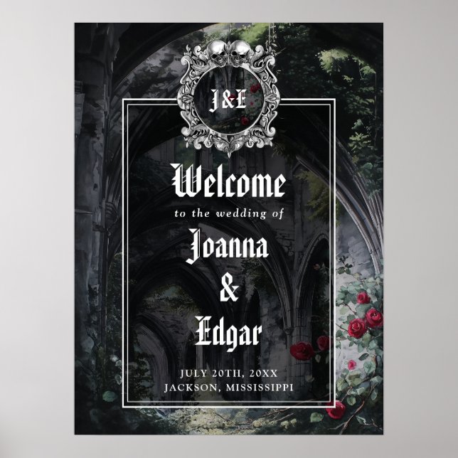 Gothic Ruins Roses Floral Wedding Welcome Sign (Front)
