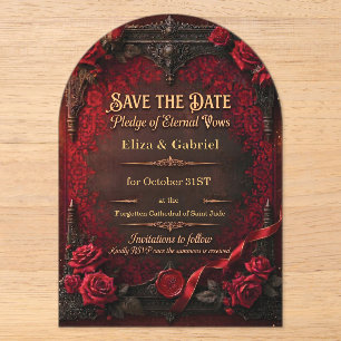 Gothic Save the Date with Red Rose and Wax Seal Acrylic Invitations