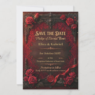 Gothic Save the Date with Red Rose and Wax Seal Invitation