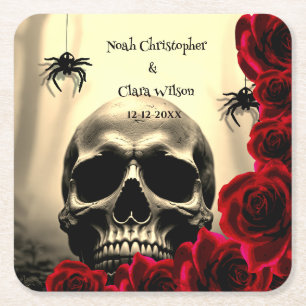 Gothic Scary Skull Black Red Roses Halloween Square Paper Coaster