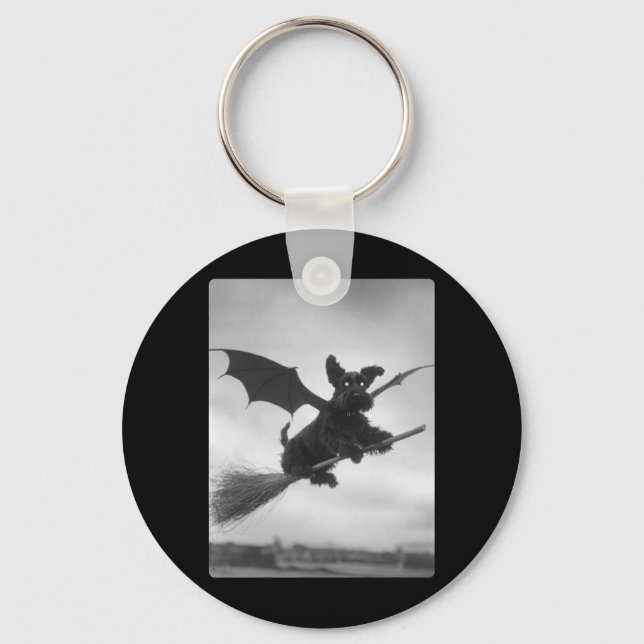 Gothic Schnauzer Witch Broom Bat Wings Spooky Key Ring (Front)