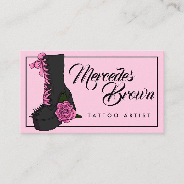 Gothic Script Boot Pink Tattoo Artist Business Card (Front)