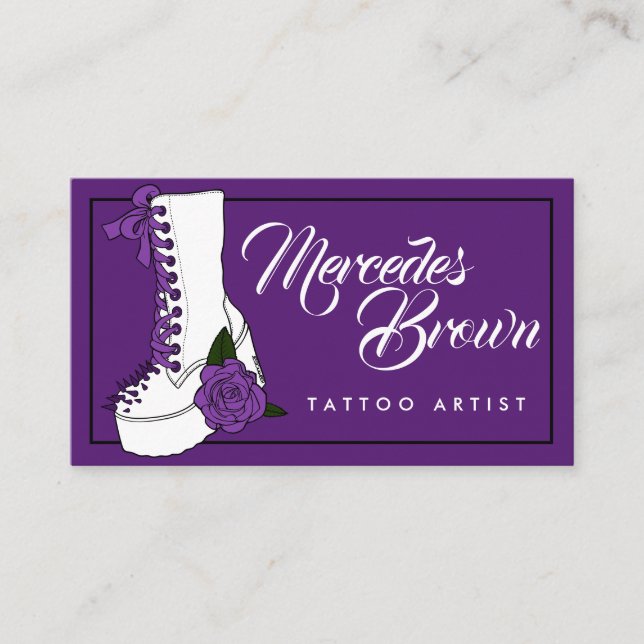 Gothic Script Boot Purple Tattoo Artist Business Card (Front)