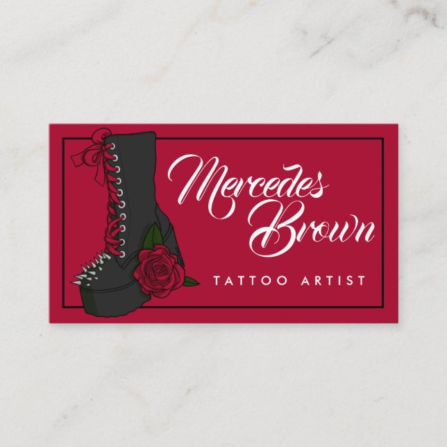 Gothic Script Boot Red Tattoo Artist Business Card (Front)