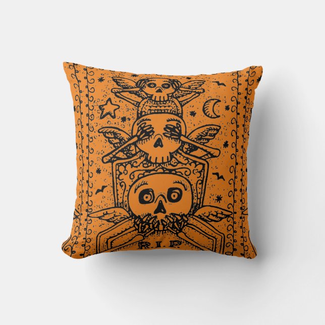 GOTHIC SEE NO EVIL, CEMETERY SKELETON CUSHION (Front)