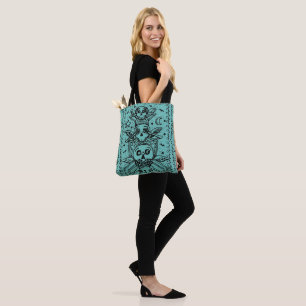 GOTHIC SEE NO EVIL, CEMETERY SKELETON TOTE BAG
