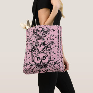 GOTHIC SEE NO EVIL CEMETERY SKELETON TOTE BAG pink