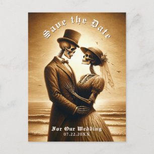 Gothic Sepia Skeleton Couple Wedding Save the Date Announcement Postcard