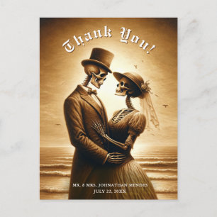 Gothic Sepia Skeleton Couple Wedding Thank You Postcard