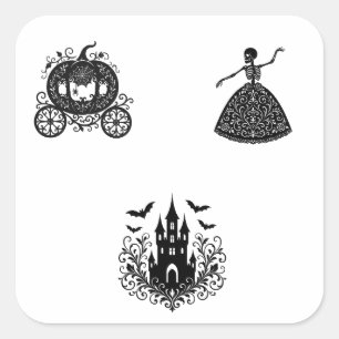 Gothic Silhouette Set – Pumpkin Carriage, Skeleton Square Sticker