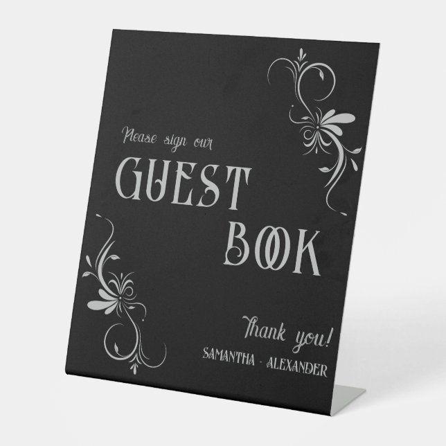 Gothic Silver Grey Whimsigoth Wedding Guest Book Pedestal Sign (Front)