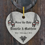 Gothic Silver Skulls Wedding Save the Date Ceramic Tree Decoration<br><div class="desc">A dark, gothic save the date ornament, which has pairs of little silver skulls with red eyes hanging down from the top and a gothic black jewel at the bottom. All details can be customised as needed in the Personalise this Template link above. This deliciously creepy wedding keepsake is part...</div>