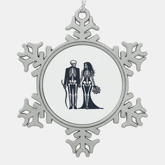 Gothic Skeleton Bride & Groom – Till Death Do Us P Snowflake Pewter Christmas Ornament (Front)