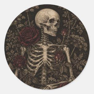 Gothic Skeleton Burgundy Rose Victorian Botanical Classic Round Sticker