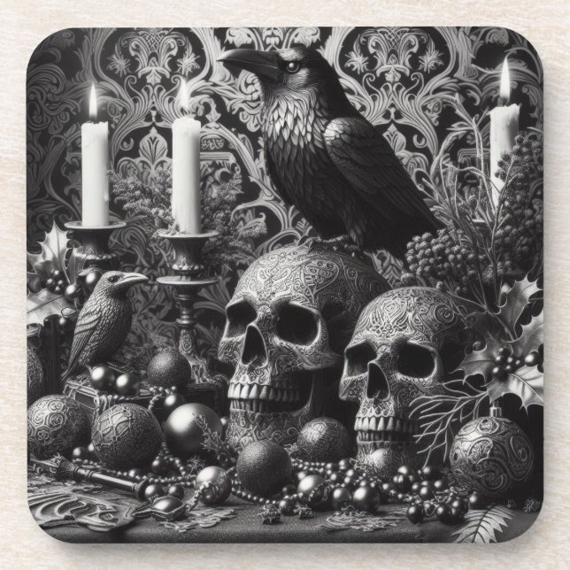 Gothic Skeleton Candle | Dark Monotone Halloween  Coaster (Front)