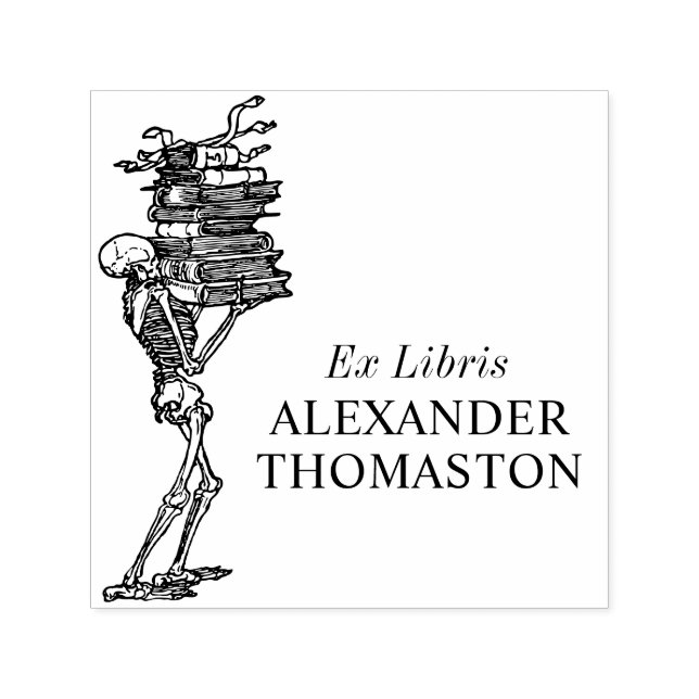 Gothic Skeleton Carrying Books Library Name Self-inking Stamp (Design)