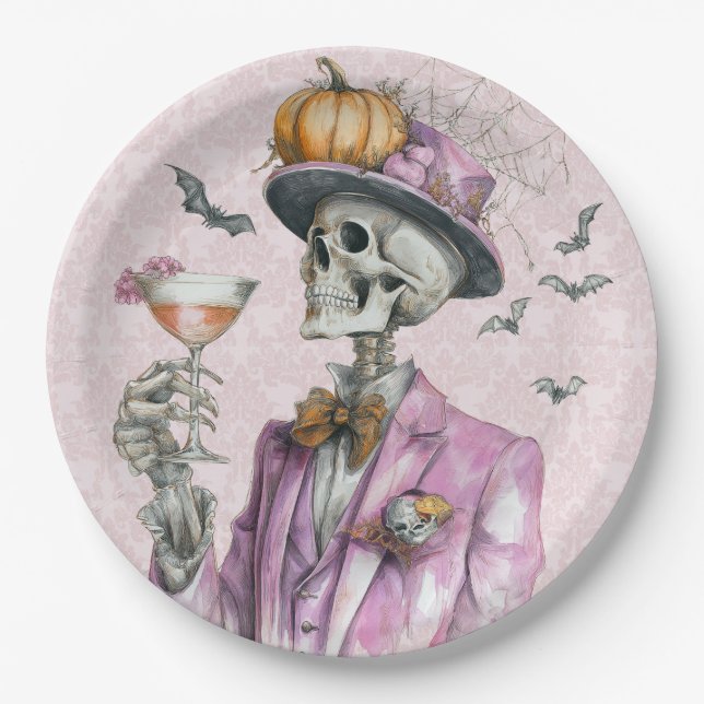 Gothic Skeleton Cocktail Party Halloween Paper Plate (Front)