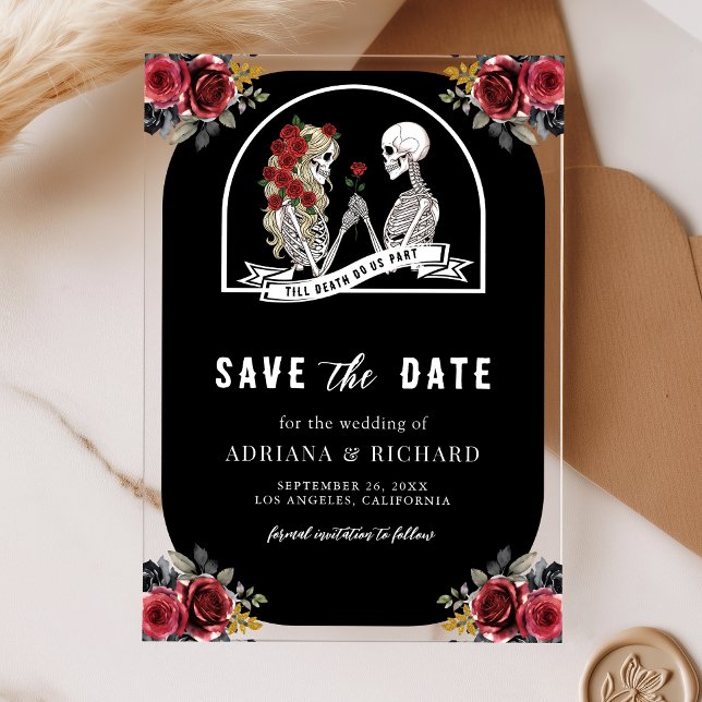 Gothic Skeleton Couple Black Wedding Save the Date Acrylic Invitations (Creator Uploaded)