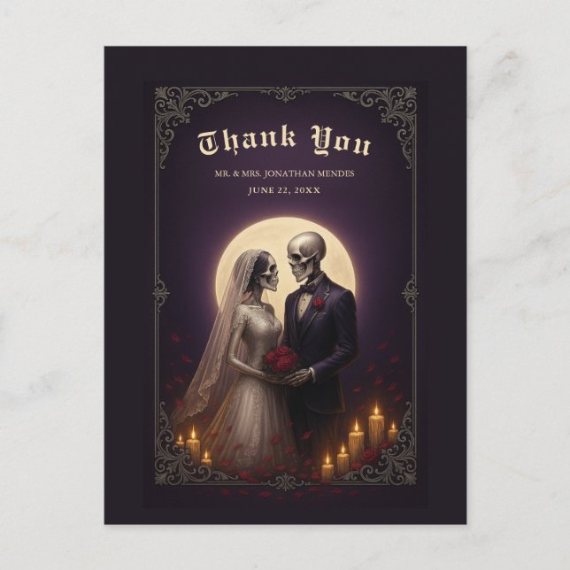 Gothic Skeleton Couple Elegant Wedding Thank You Postcard (Front)