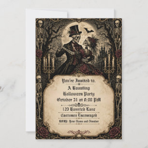 Gothic Skeleton Couple Haunted Halloween Party Invitation