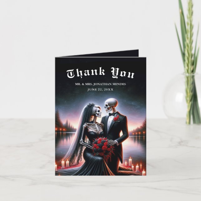 Gothic Skeleton Couple Navy Wedding Thank You Card (Front)