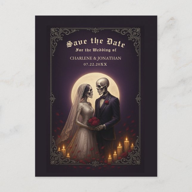 Gothic Skeleton Couple Purple Save the Date Announcement Postcard (Front)