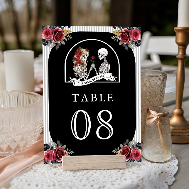 Gothic Skeleton Couple Red Roses Black Wedding Table Number (Creator Uploaded)