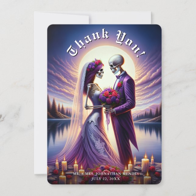 Gothic Skeleton Couple Red Roses Wedding Thank You Card (Front)