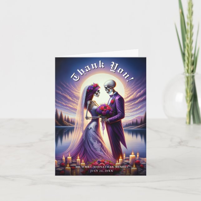 Gothic Skeleton Couple Red Roses Wedding Thank You Card (Front)