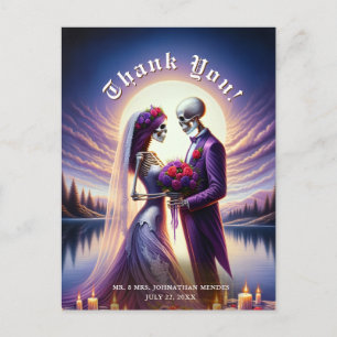 Gothic Skeleton Couple Red Roses Wedding Thank You Postcard