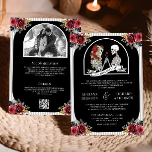 Gothic Skeleton Couple Roses Black QR Code Wedding Invitation