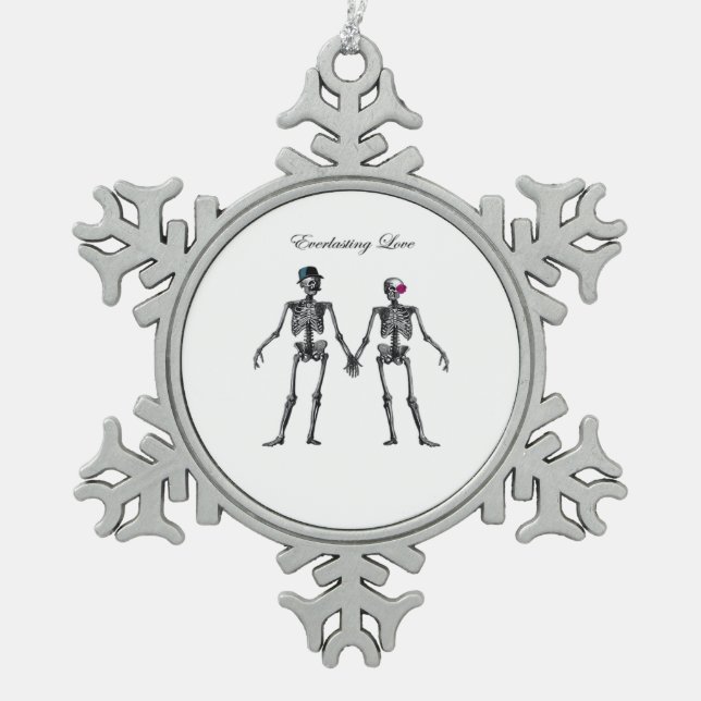 Gothic Skeleton Couple (White) Classic Snowflake Pewter Christmas Ornament (Front)