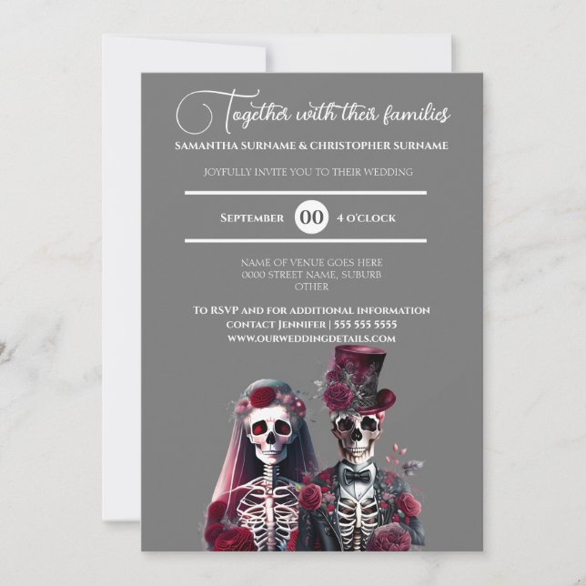 Gothic skeleton dead bride groom burgundy grey  invitation (Front)