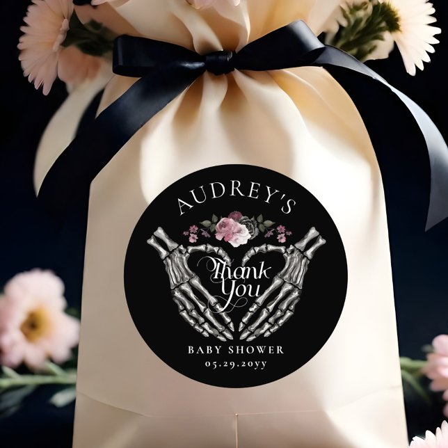 Gothic Skeleton Hands Heart Baby Shower Thank You Classic Round Sticker (Gothic Skeleton Hands Heart Baby Shower Thank You Classic Round Sticker)
