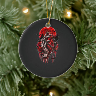 Gothic Skeleton Hands Red Roses Halloween Horror D Ceramic Tree Decoration