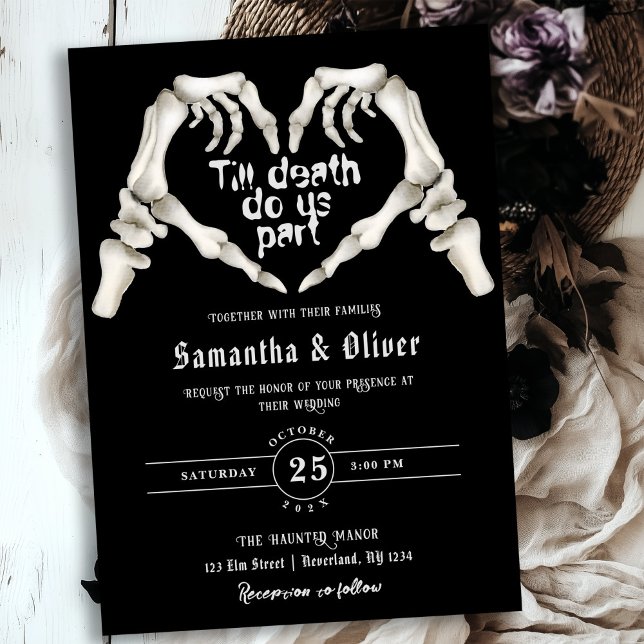 Gothic Skeleton Heart Till Death Black Wedding Invitation (Creator Uploaded)