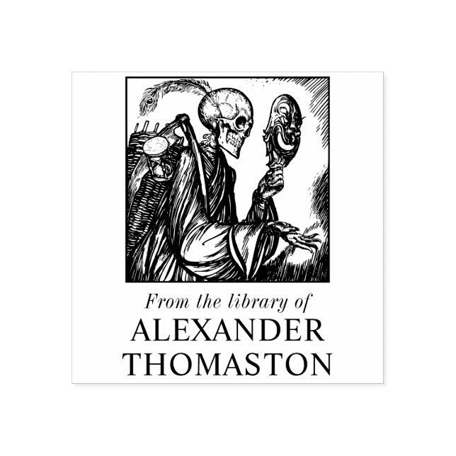 Gothic Skeleton Holding Mask Library Book Name Rubber Stamp (Imprint)