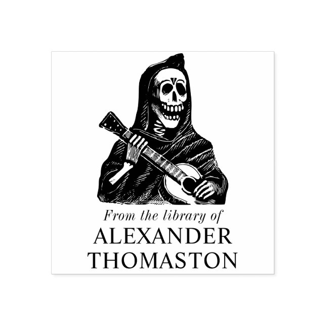 Gothic Skeleton Playing Guitar Library Book Name Rubber Stamp (Imprint)