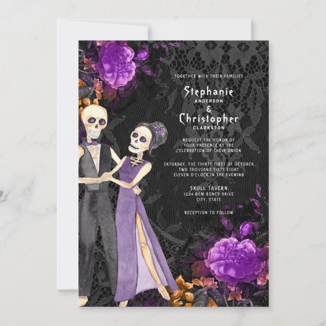 Gothic Skeleton Purple Floral Halloween Wedding Invitation (Front)