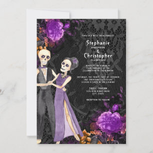 Gothic Skeleton Purple Floral Halloween Wedding Invitation