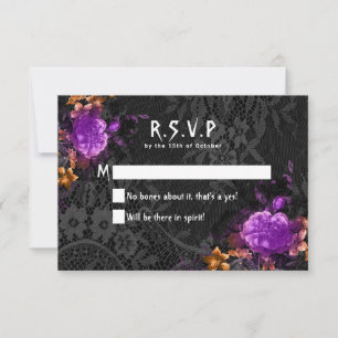 Gothic Skeleton Purple Floral Halloween Wedding RSVP Card