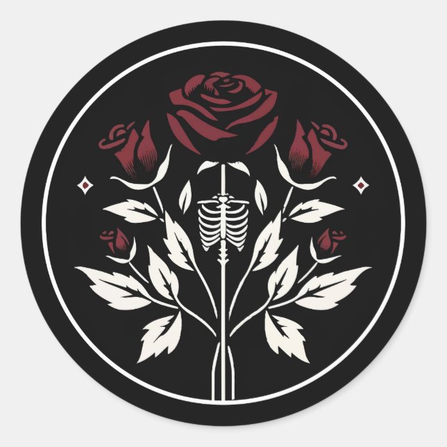 Gothic Skeleton Rib Roses Black Elegant Wedding  Classic Round Sticker (Front)