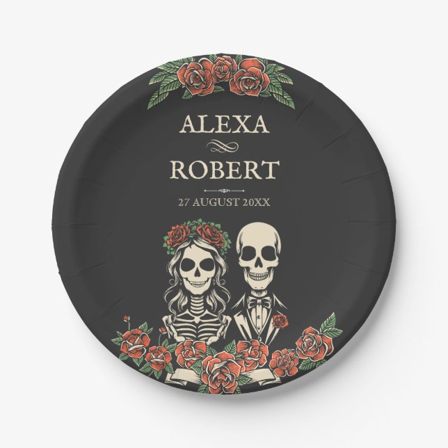 Gothic skeleton roses couple wedding  paper plate (Front)